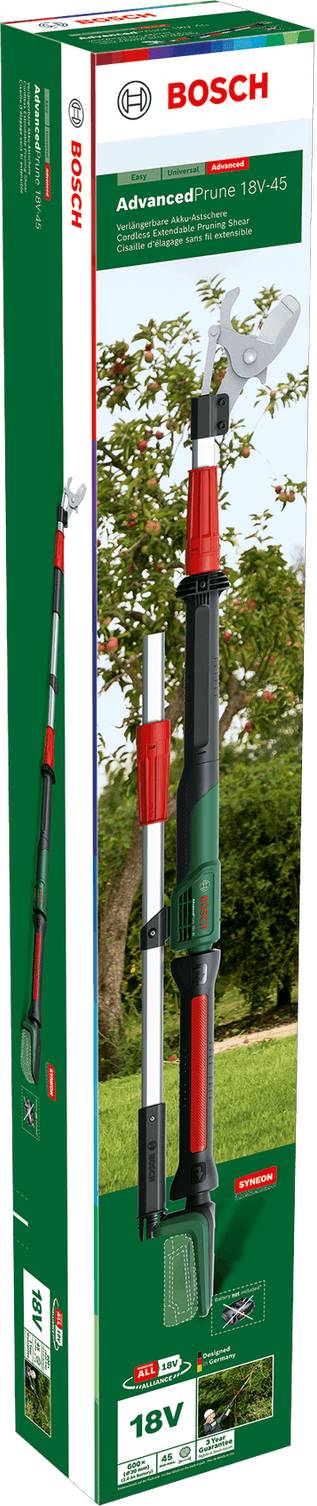 Verpackung einer Bosch Astschere. Das Produktbild zeigt eine grüne Akku-Astschere mit einem langen Griff. Markennamen und Spezifikationen sind auf der Verpackung zu sehen.