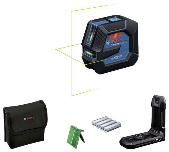 Multifunktions-Lasergerät von Bosch, zeigt grüne Laserlinien. Zubehör: Tasche, Batterien, Halterung und Zieltafel.