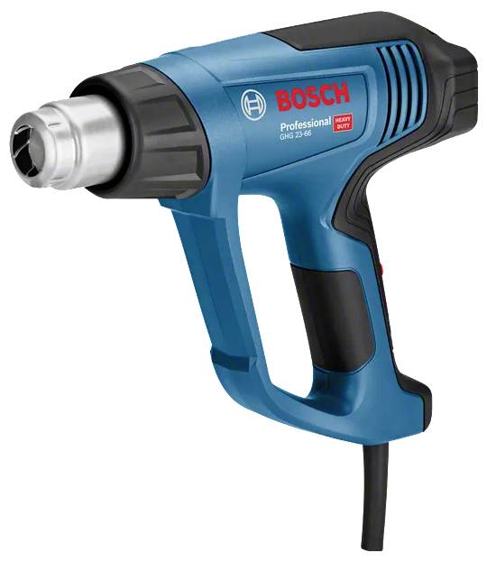 Eine blaue Bosch Professional Heißluftpistole mit schwarzem Griff und Düse, mit der Bezeichnung 'GHG 23-66', die mit einem Netzkabel gezeigt wird.