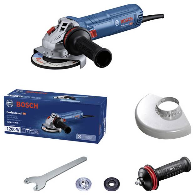 Ein blauer Bosch-Winkelschleifer mit Zubehör: Griff, Scheibe, Schlüssel, Verpackung. Der Schleifer hat 1200W Leistung.