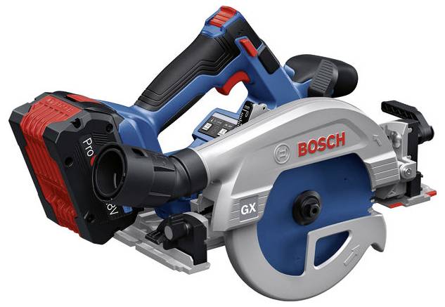 Kreissäge von Bosch mit blauem und rotem Design, geeignet für kabelloses Schneiden im Bau- oder Werkstattbereich.