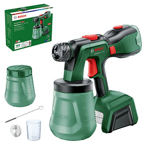 Handliche grüne Spritzpistole mit Zubehör und Verpackung von Bosch, ideal für Heimprojekte und präzises Lackieren.