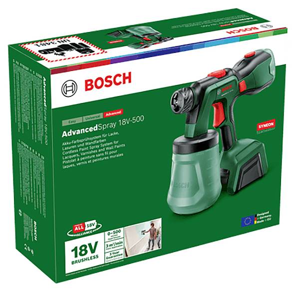 'Bosch AdvancedSpray 18V-500' auf der Verpackung eines grünen, kabellosen Farbsprühsystems abgebildet. Geeignet für Lacke.