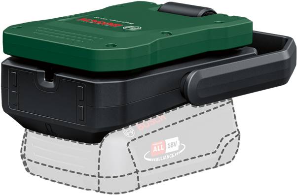 Bosch-Akku-Werkzeugkoffer mit grünem Deckel auf einer grauen „ALL 18V Alliance