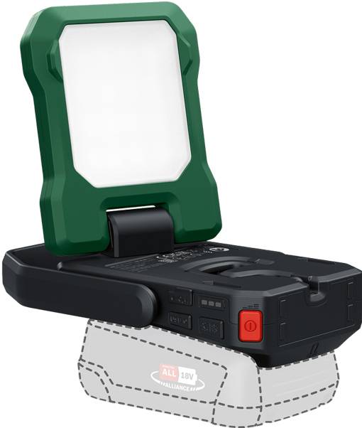 Eine tragbare Arbeitsleuchte mit grünem Klappengriff und schwarzer Basis, die auf einem austauschbaren Batteriepack montiert ist.