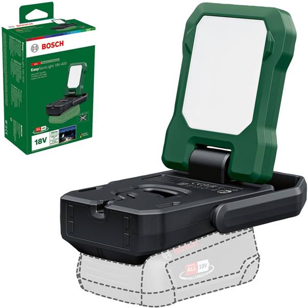 Bosch 18V Akku-Arbeitsleuchte mit grünem Klappengriff, abgebildet mit ihrer Verpackungsbox.