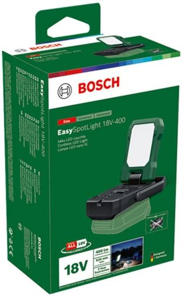 Bosch EasySpotLight 18V-400 schnurloses Arbeitslicht in grüner Einzelhandelsverpackung mit Lampe und Branding der 18V-Batterieplatform.