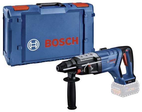 Ein blauer Bosch-Bohrhammer mit rotem Logo steht neben einem passenden Werkzeugkoffer, ideal für schwere Bauarbeiten.