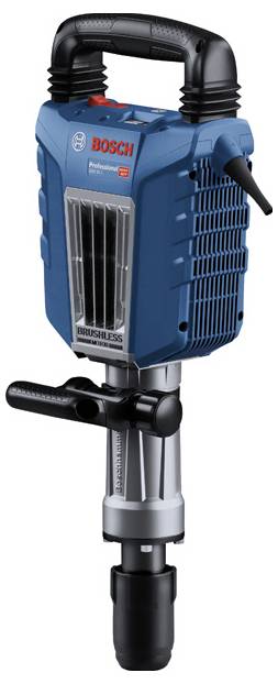 Ein Bosch Professional Abbruchhammer mit blauem Gehäuse, ergonomischem Griff und schwarzem Meißelaufsatz. Ideal für schwere Abbrucharbeiten.