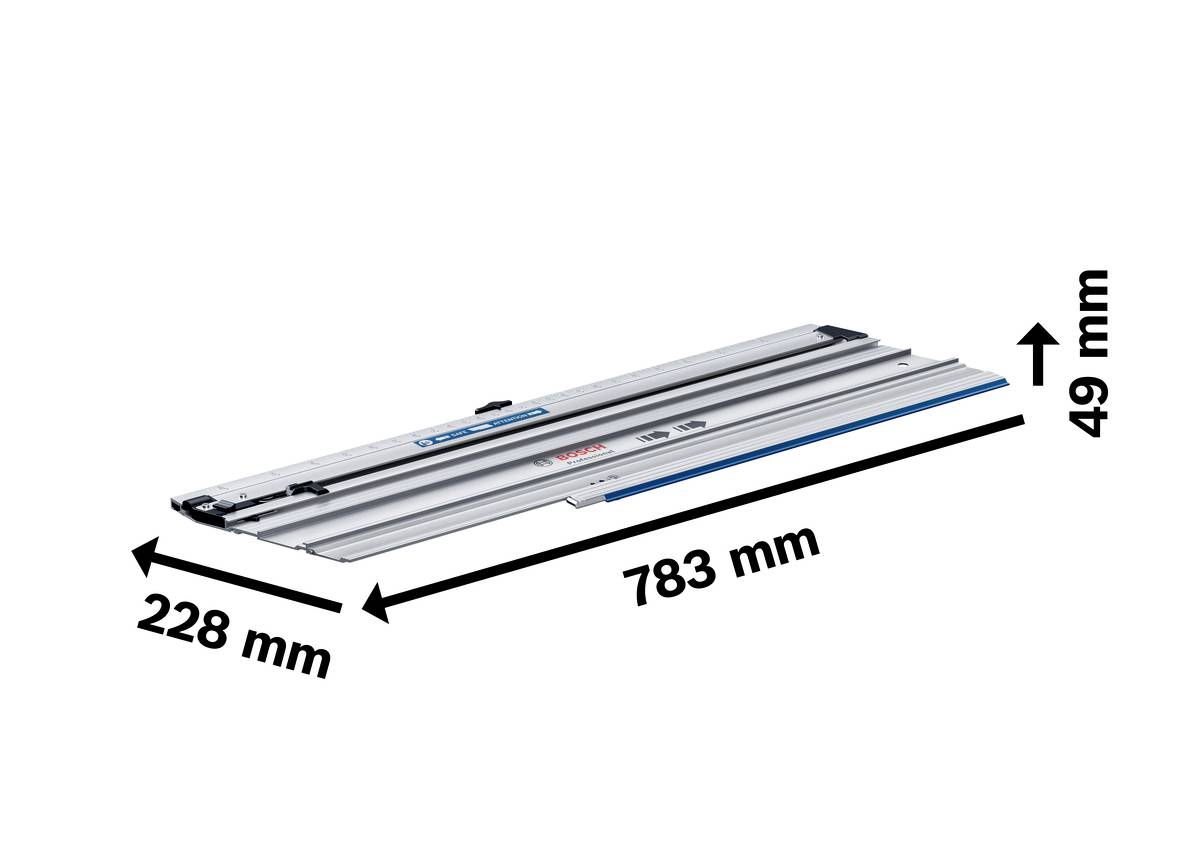 Längsschnitt eines Bosch-Führungsschiene-Modells mit den Abmessungen: Länge 783 mm, Breite 228 mm, Höhe 49 mm.