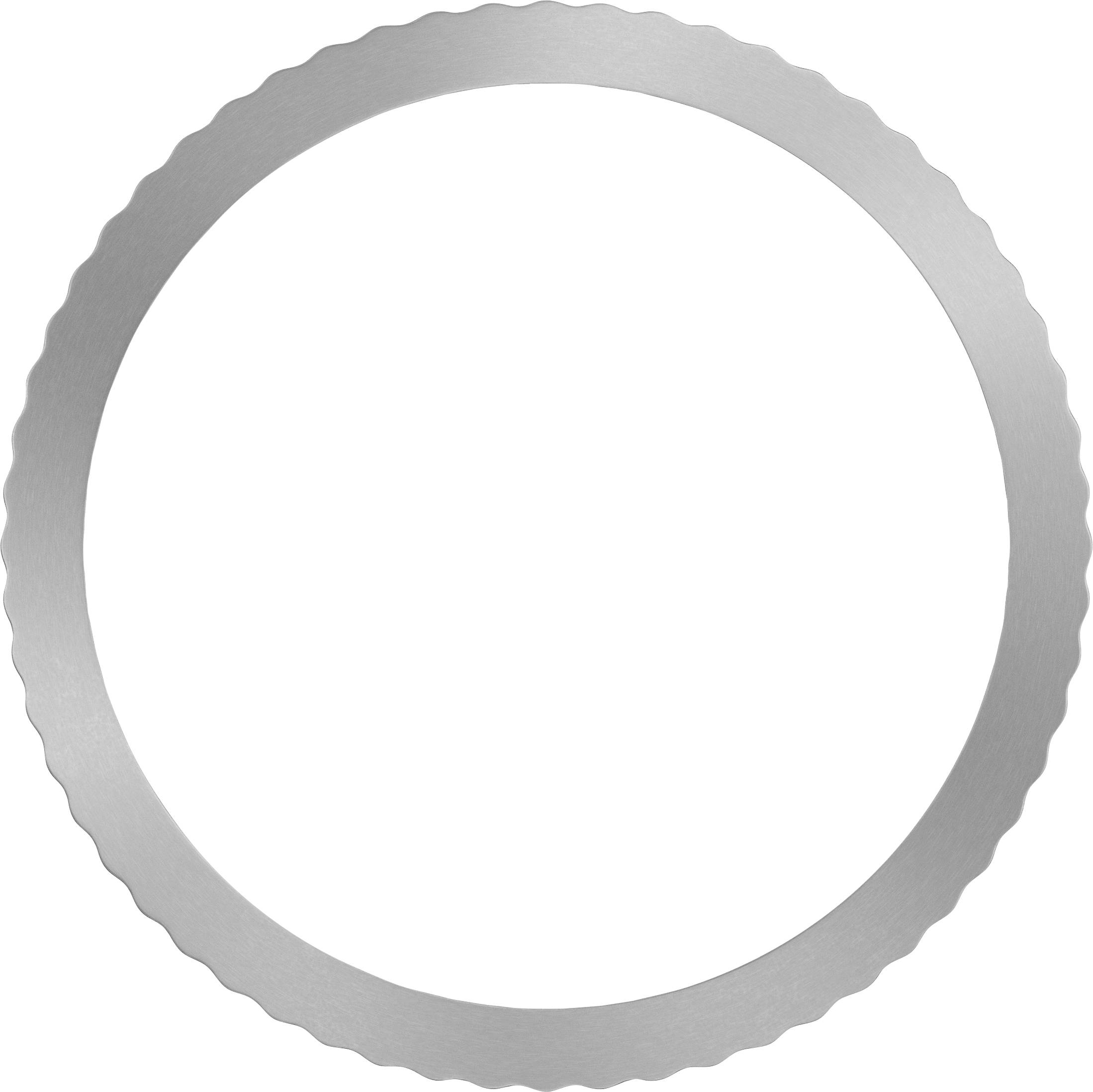 Ein silbernes, geripptes, rundes Backblech für Kuchen oder Torten, von oben gesehen.