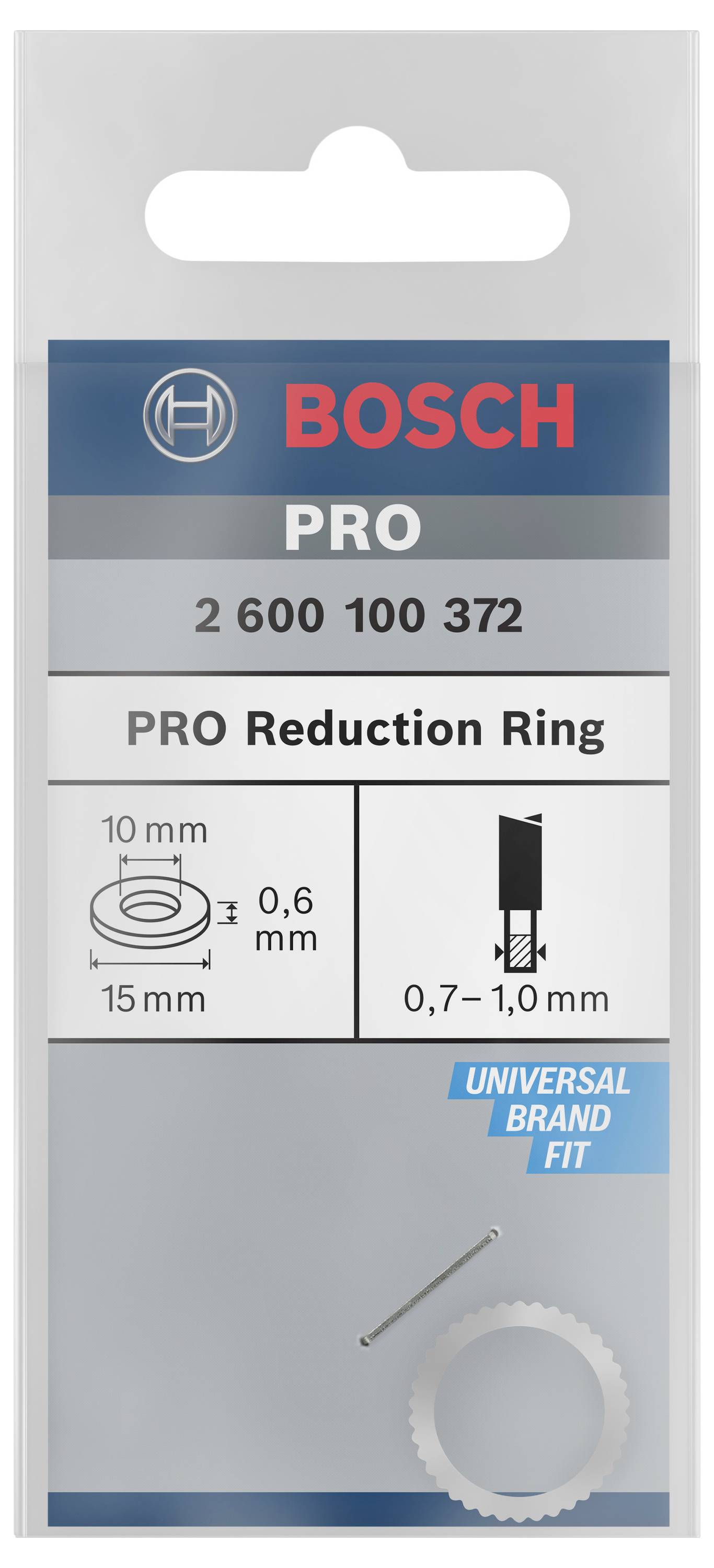 Bosch Pro-Reduzierring-Verpackung mit Produktnummer 2 600 100 372. Zeigt Abmessungen: 10-15 mm innen, 0,6 mm dick. Kompatibel mit Universalbrand.