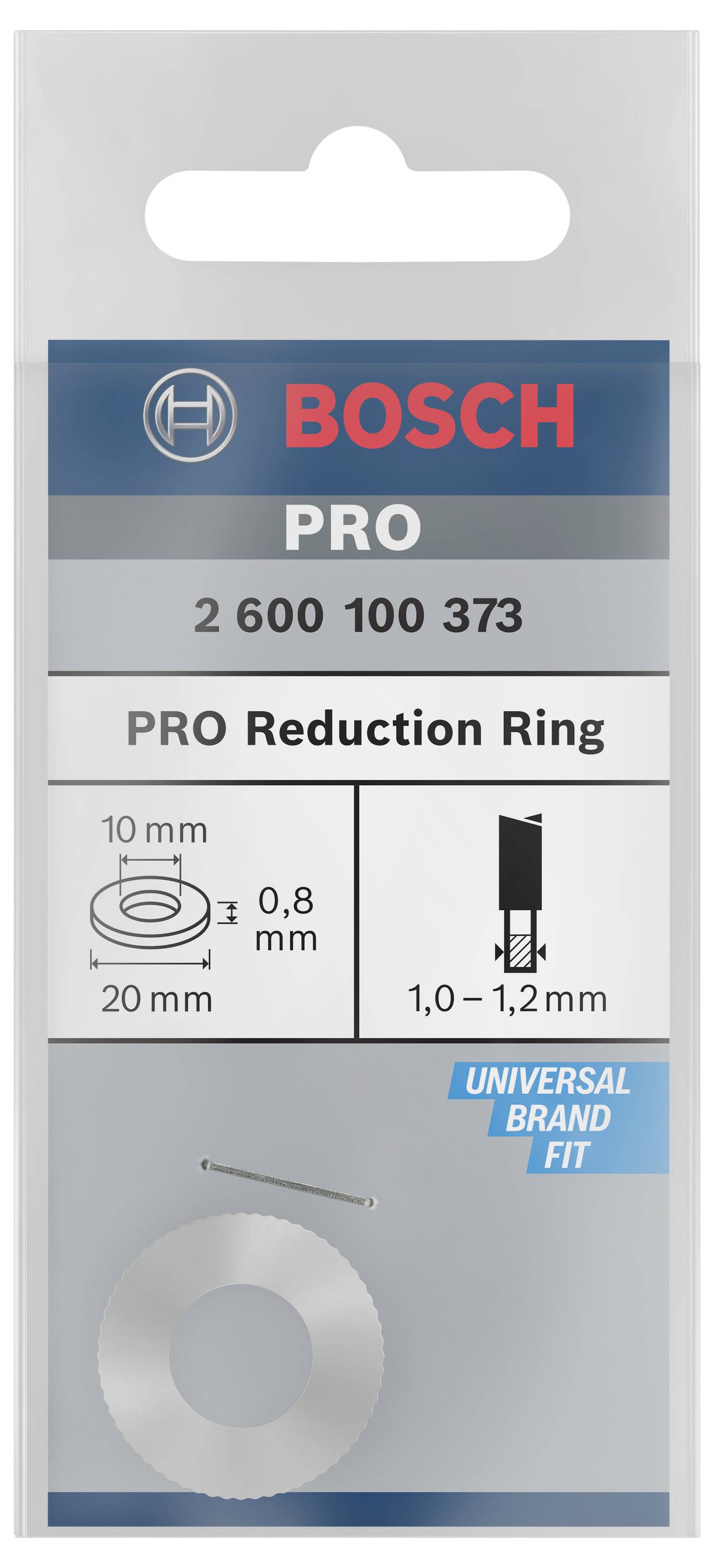 Verpackung einer Bosch PRO Reduzierring mit Maßen 10 mm Innen-, 20 mm Außendurchmesser, Stärke 0,8 mm. Kompatibel mit 1,0–1,2 mm Sägeblatt.