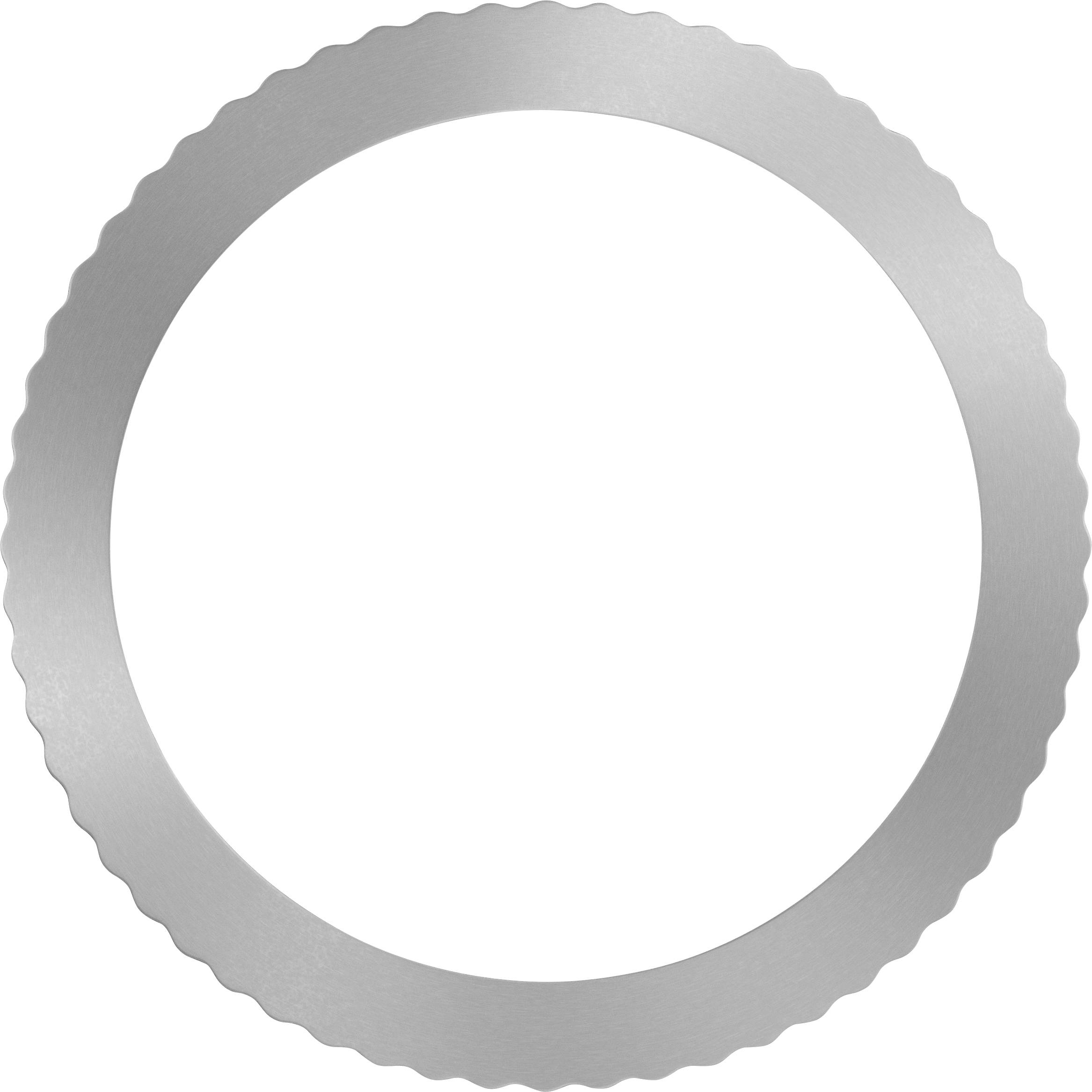 Rundes, silbernes Metallobjekt mit geriffeltem Rand, ähnlich einem Dichtungsring.