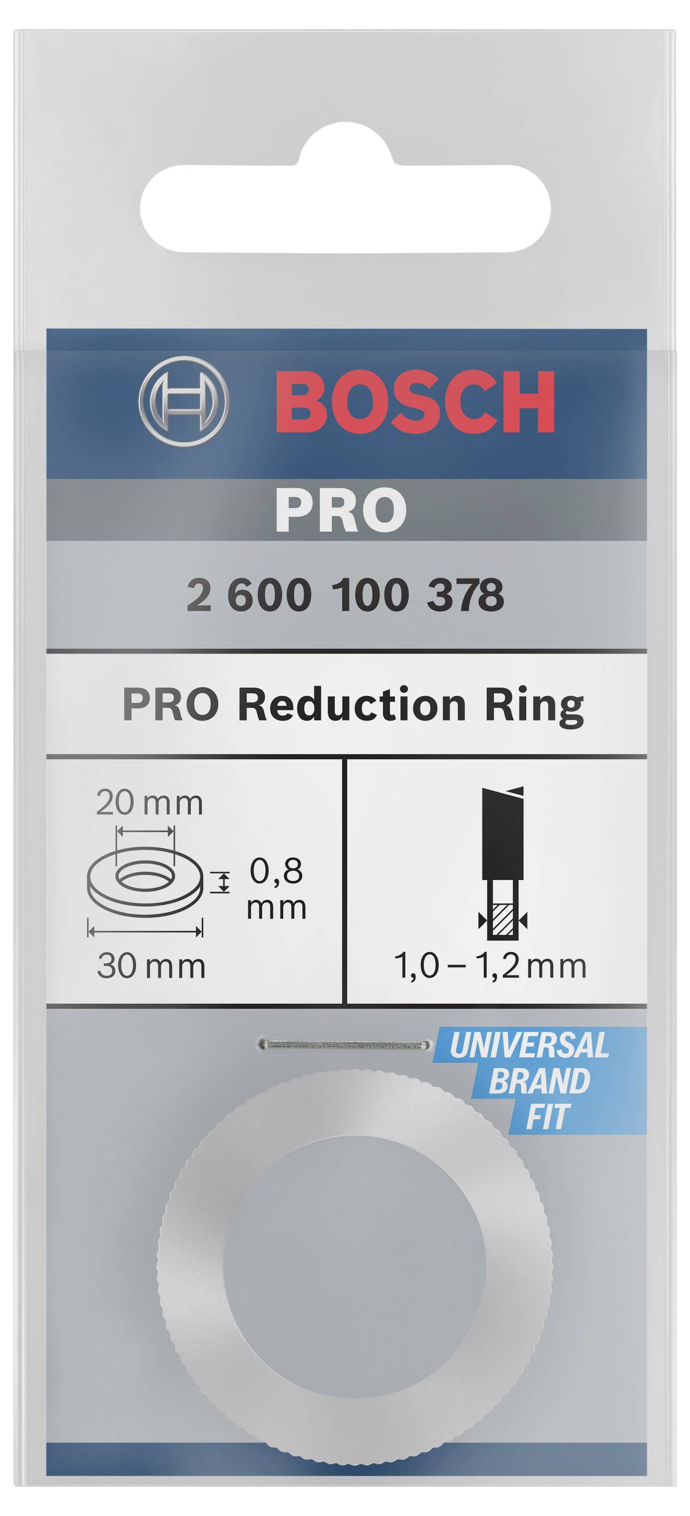 Verpackung eines Bosch PRO Reduzierrings mit den Maßen 20 mm x 30 mm und einer Dicke von 0,8 mm. Geeignet für eine Passung von 1,0 bis 1,2 mm.