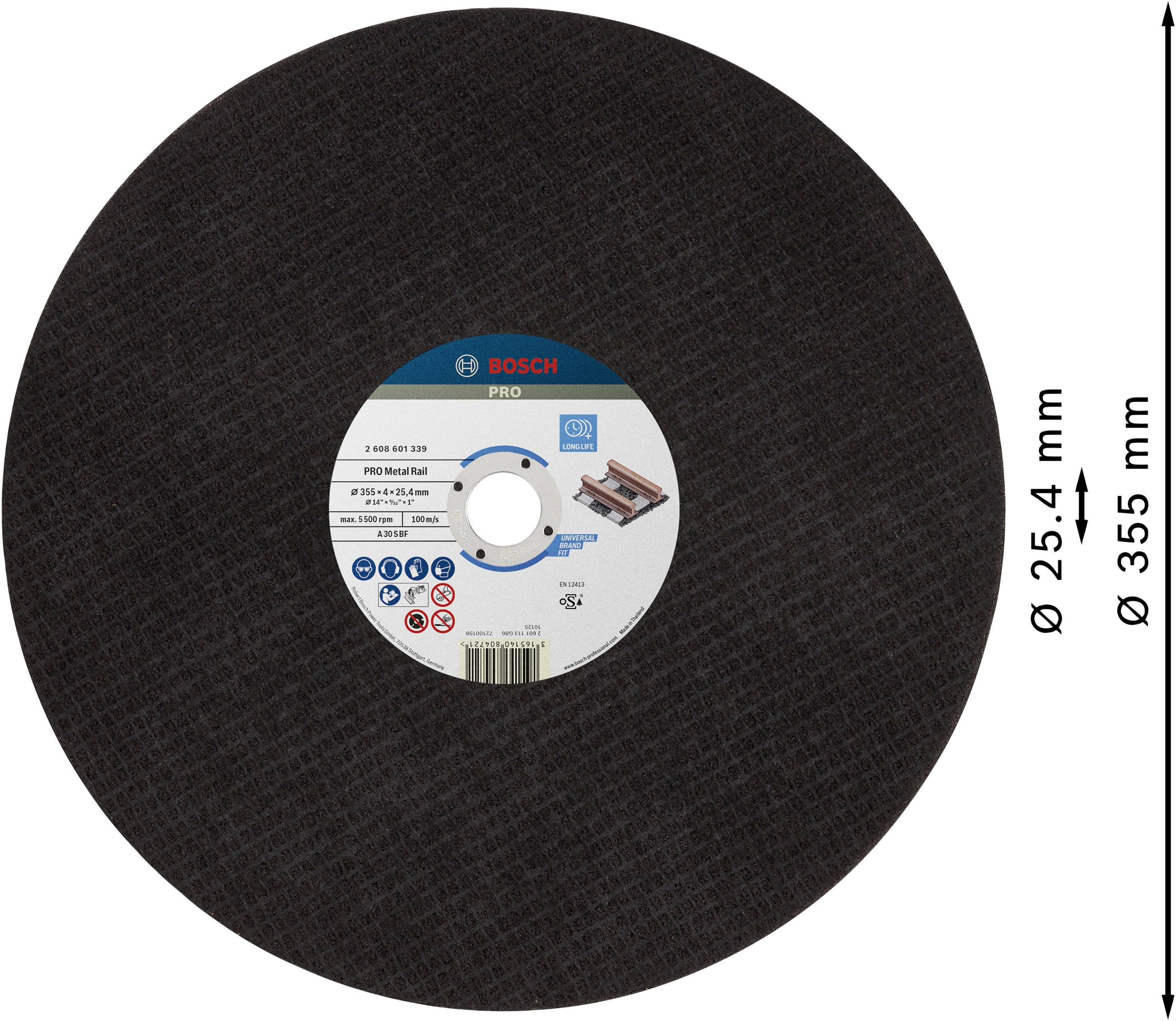 Eine runde Trennscheibe von Bosch Pro, Durchmesser 355 mm, geeignet für Metallschnitte, mit einem Etikett und technischen Details auf der Vorderseite.