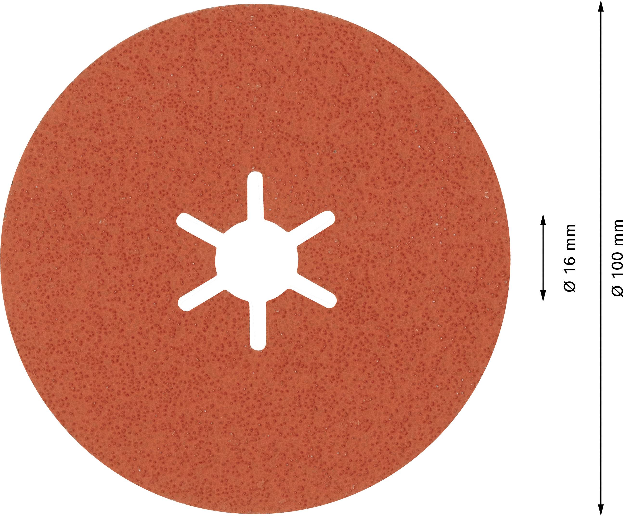 Ein roter, runder Schleifaufsatz mit einem Durchmesser von 100 mm und einem zentralen Loch von 16 mm, hat sternförmige Schlitze.