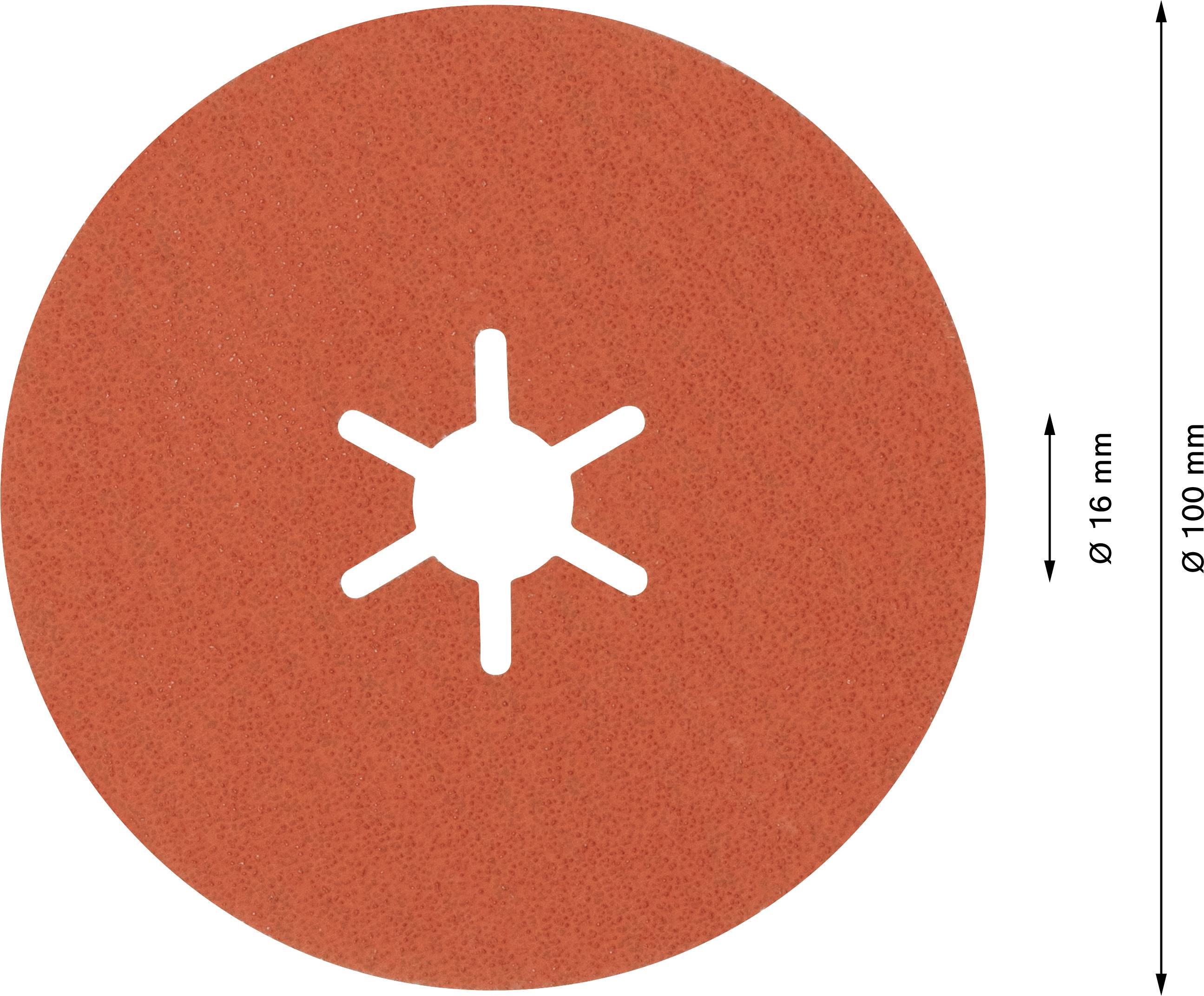 Ein rotes Schleifpapier mit einem Durchmesser von 100 mm und einer sternförmigen Aussparung in der Mitte. Rechts stehen Maße: ø 16 mm und ø 100 mm.