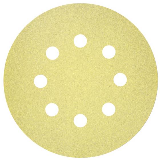 Ein rundes Schleifpapier mit gelber Körnung und neun Löchern, geeignet für Schleifmaschinen zur Oberflächenbearbeitung.