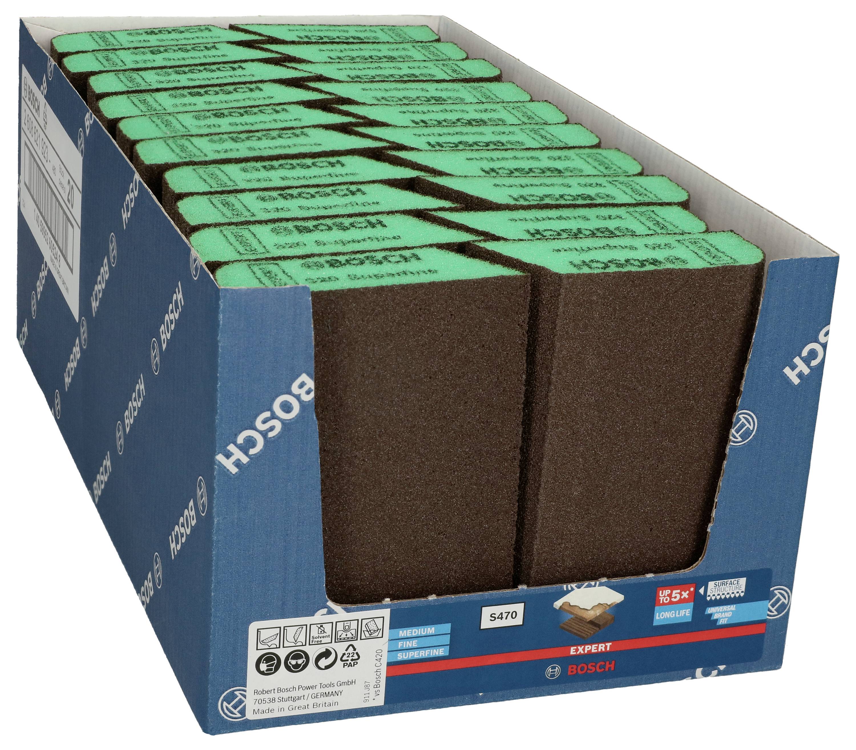 Eine Box mit Bosch Schleifschwämmen, Grit 100 Medium, 36 Stück, grün umrandet, für den Einsatz auf Holz- und Metalloberflächen.