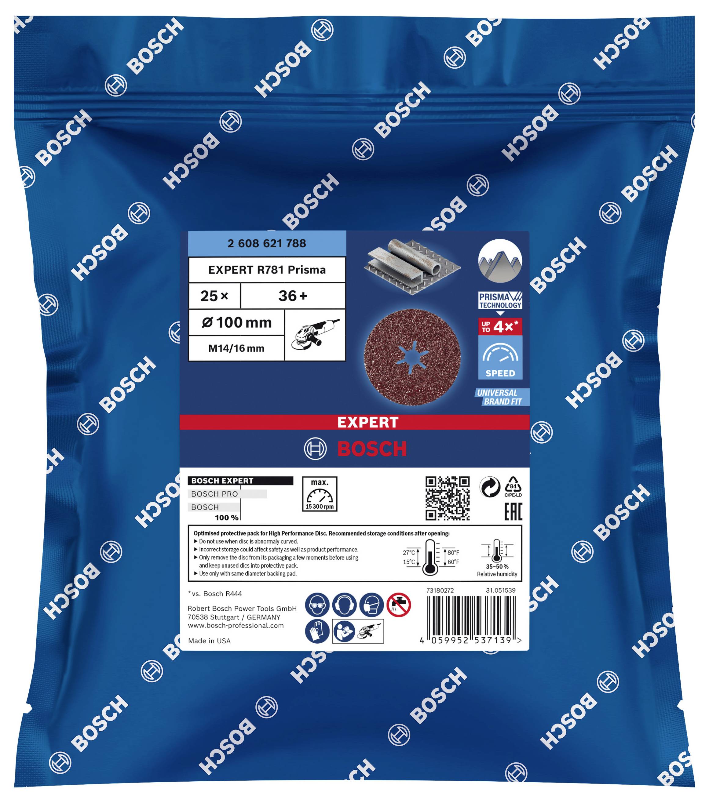 Verpackung einer 'Bosch Expert' Schleifscheibe, 100 mm Durchmesser, geeignet für Metallbearbeitung, enthält 25 Stück, Piktogramme für Geschwindigkeit und Kompatibilität.