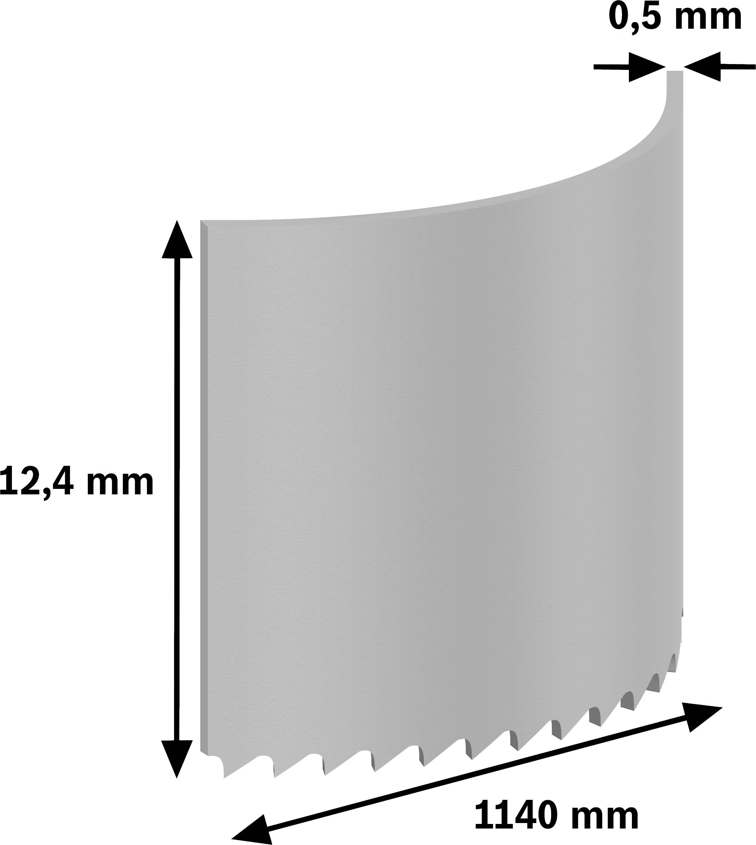 Metallsägeblatt in Silber mit den Maßen 12,4 mm Höhe, 0,5 mm Dicke und 1140 mm Länge.