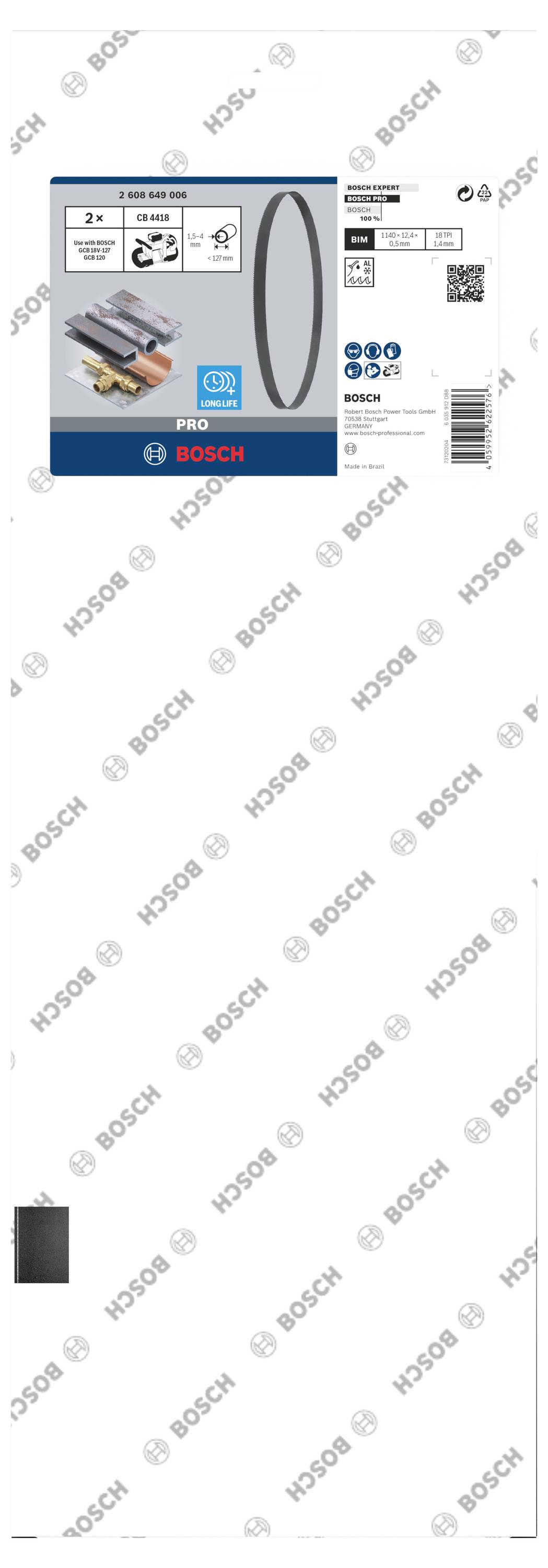 Verpackungsetikett eines Bosch-Produkts. Zeigt eine Abbildung der enthaltenen Teile und Symbole für Kompatibilität und Funktion.