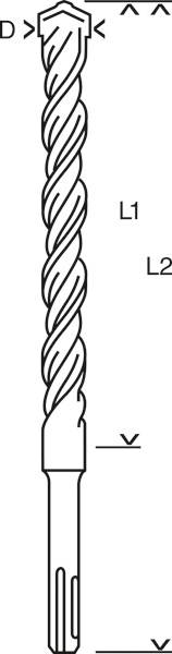 Abbildung eines Bohrers mit Spiraldesign, markiert mit Längen 'L1' und 'L2' sowie Durchmesser 'D'; enthält technische Symbole.
