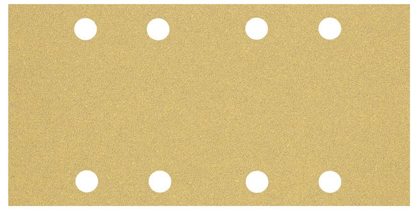 Ein rechteckiges Schleifpapier mit acht runden Löchern in zwei Reihen, gleichmäßig verteilt. Oberfläche ist goldbraun und körnig.