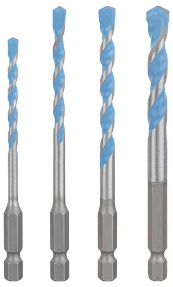 Vier Metallbohrer in unterschiedlichen Größen, alle mit blauer Spiralmusterung. Sie stehen aufrecht nebeneinander.