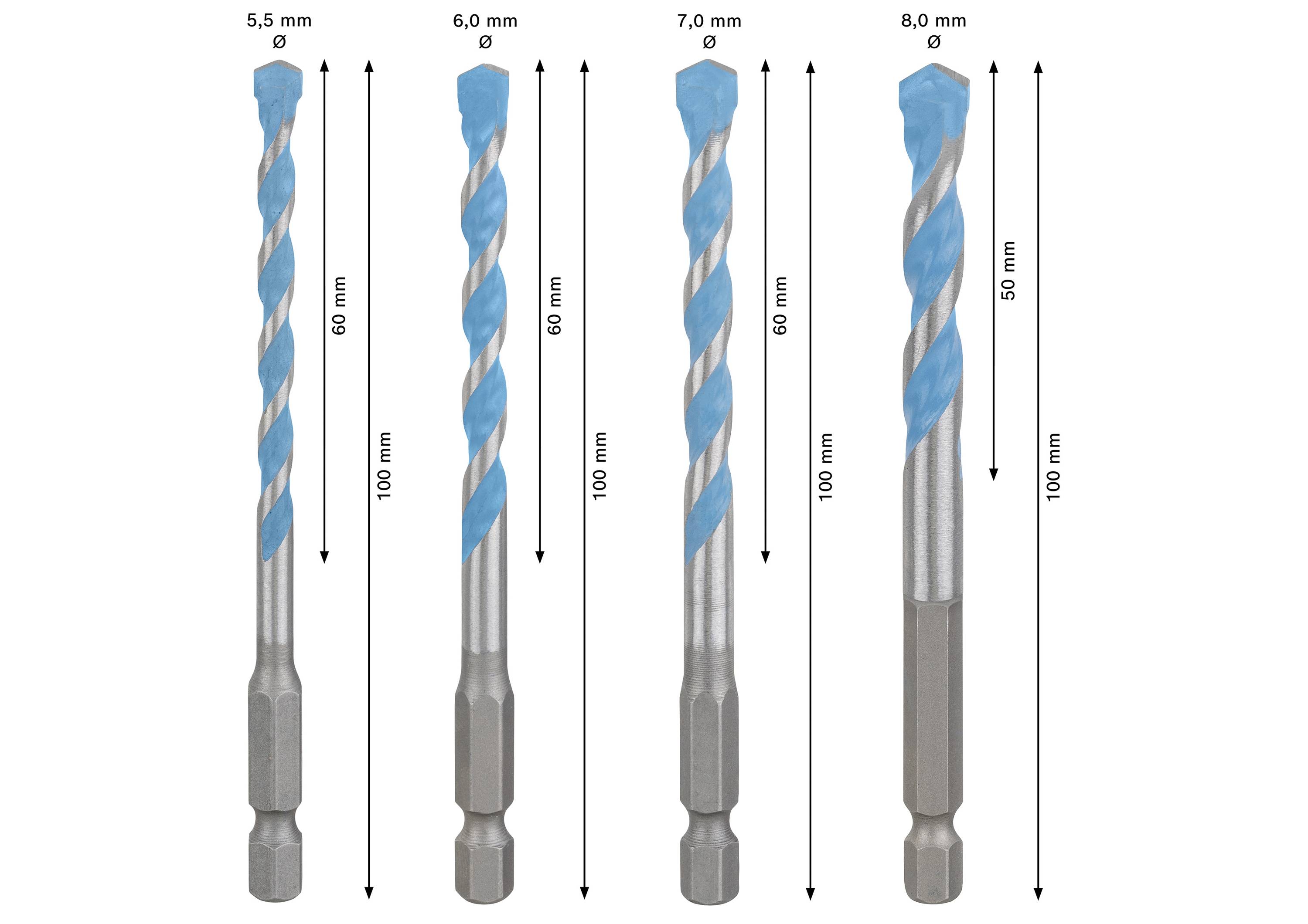 Vier Bohrergrößen mit Durchmessern von 5,5 mm, 6,0 mm, 7,0 mm und 8,0 mm und Längen von 100 mm. Alle haben blaue Spitzen.