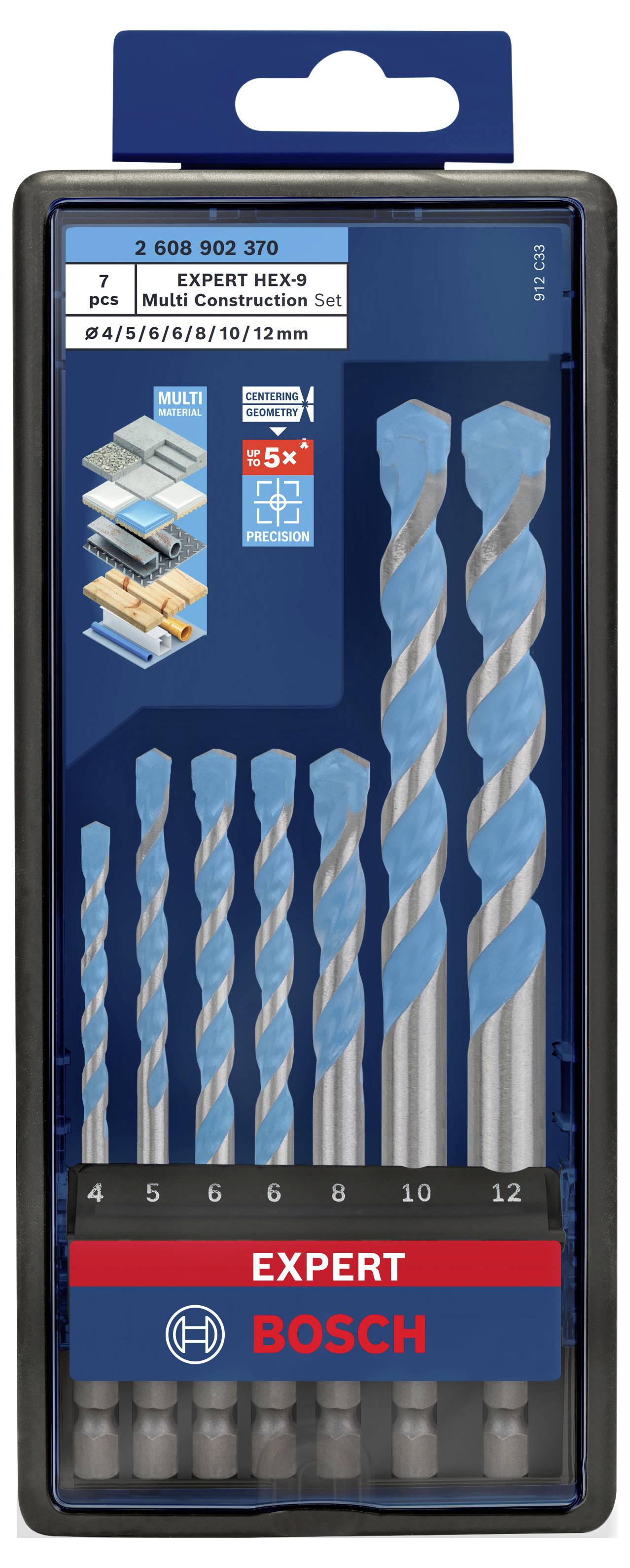 Satz mit 7 Bosch Bohrern für Multi Construction, Größen 4-12 mm, in einer blauen Verpackung. Markenlogo und Produktdetails sichtbar.