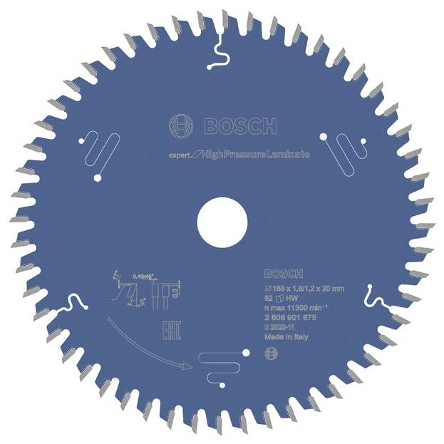 Sägeblatt von Bosch mit blauem Hintergrund, geeignet für Hochdrucklaminat, 56 Zähne, Durchmesser 160x1.8/1.2x20 mm, Made in Italy.