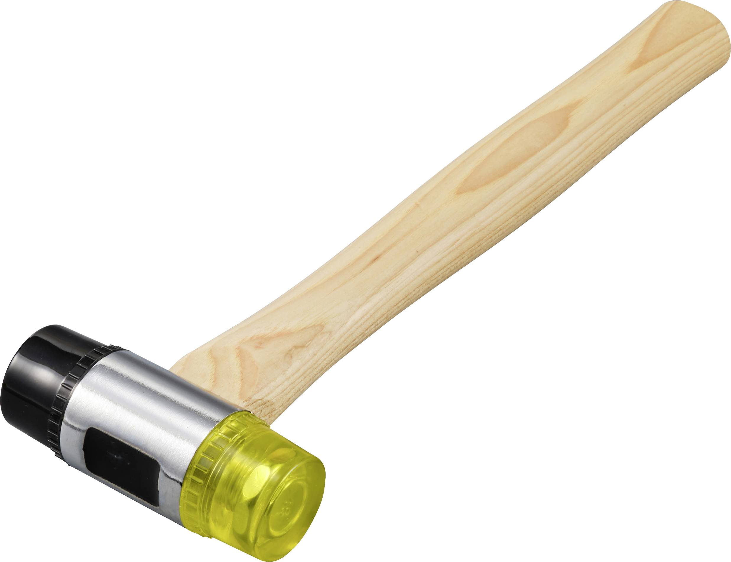 Ein Gummihammer mit einem Holzgriff und einem schwarzen und gelben Schlagkopf liegt auf weißem Hintergrund.