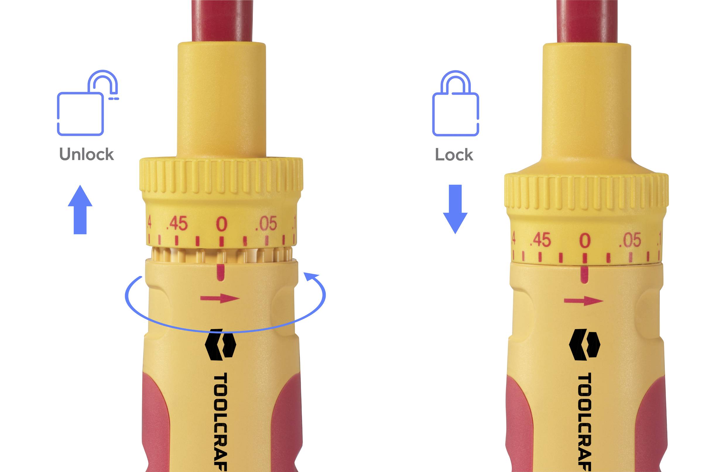 Sichereinstellung des Werkzeugs: Links entriegelt durch Drehen gegen den Uhrzeigersinn, rechts verriegelt durch Drehen im Uhrzeigersinn.
