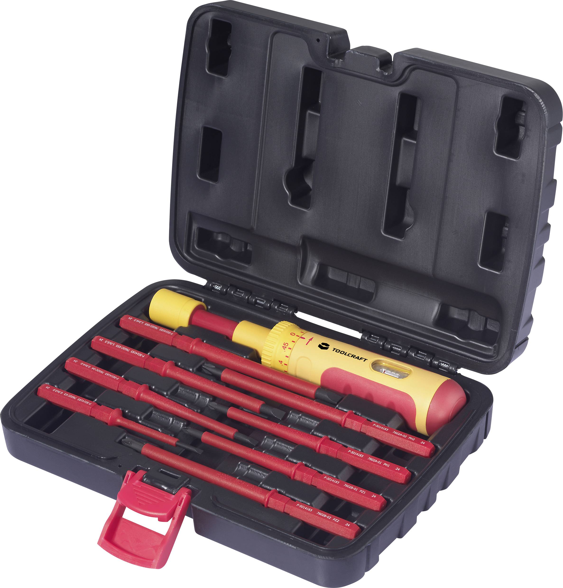 Ein Set von isolierten Schraubendrehern mit sieben Austauschklingen und einem Griff in einem schwarzen Kunststoffkoffer.