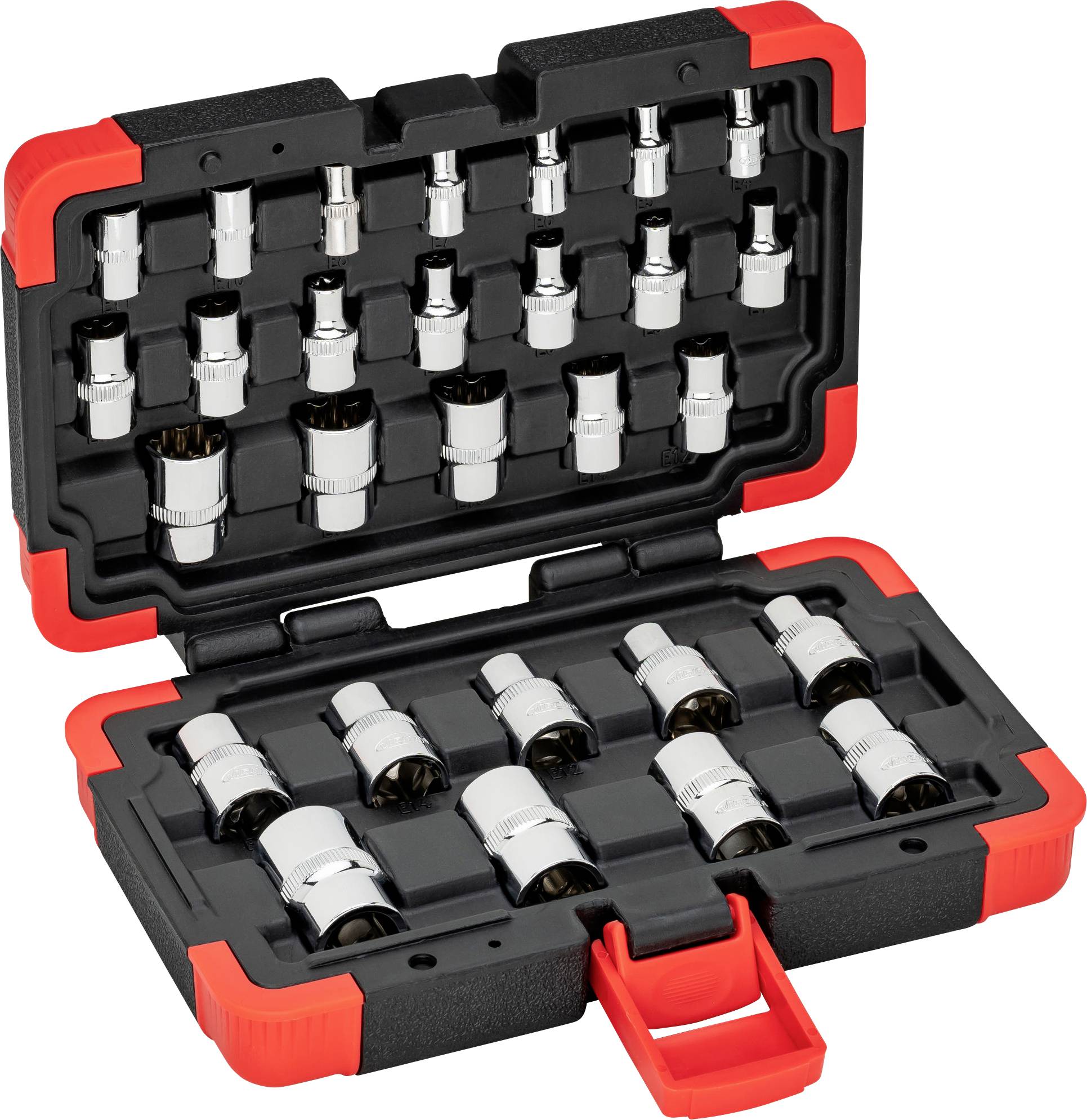 Ein offener roter Werkzeugkasten mit mehreren Stecknüssen in verschiedenen Größen, geordnet in Formeinsätzen.