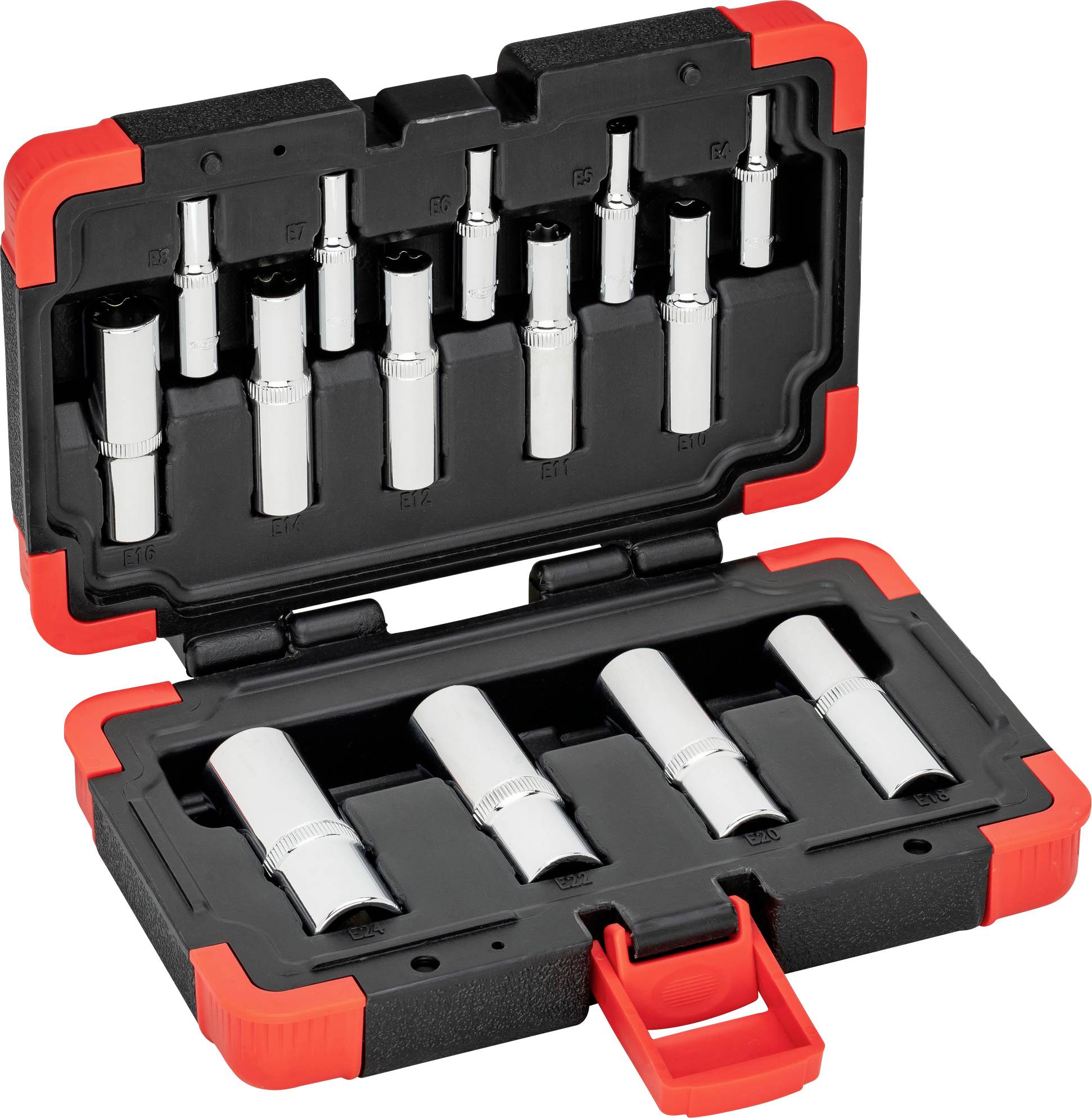 Ein geöffneter Werkzeugkoffer mit verschiedenen silbernen Steckaufsätzen für Schraubenschlüssel, ordentlich in Einlagen angeordnet.