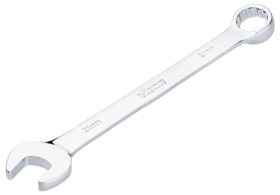 Ein silberner Schraubenschlüssel mit einer offenen und einer geschlossenen Seite, geeignet für Muttern oder Schrauben mit 21 mm Durchmesser.