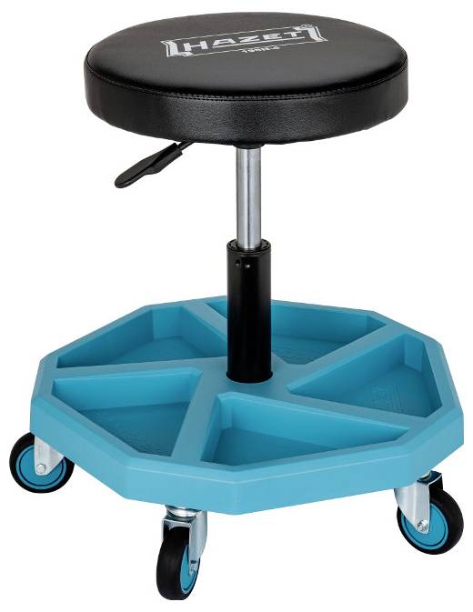 Ein runder Werkstatthocker auf Rollen mit schwarzem Sitz und verstellbarer Höhe. Die Basis ist türkis und hat Ablagefächer für Werkzeuge.