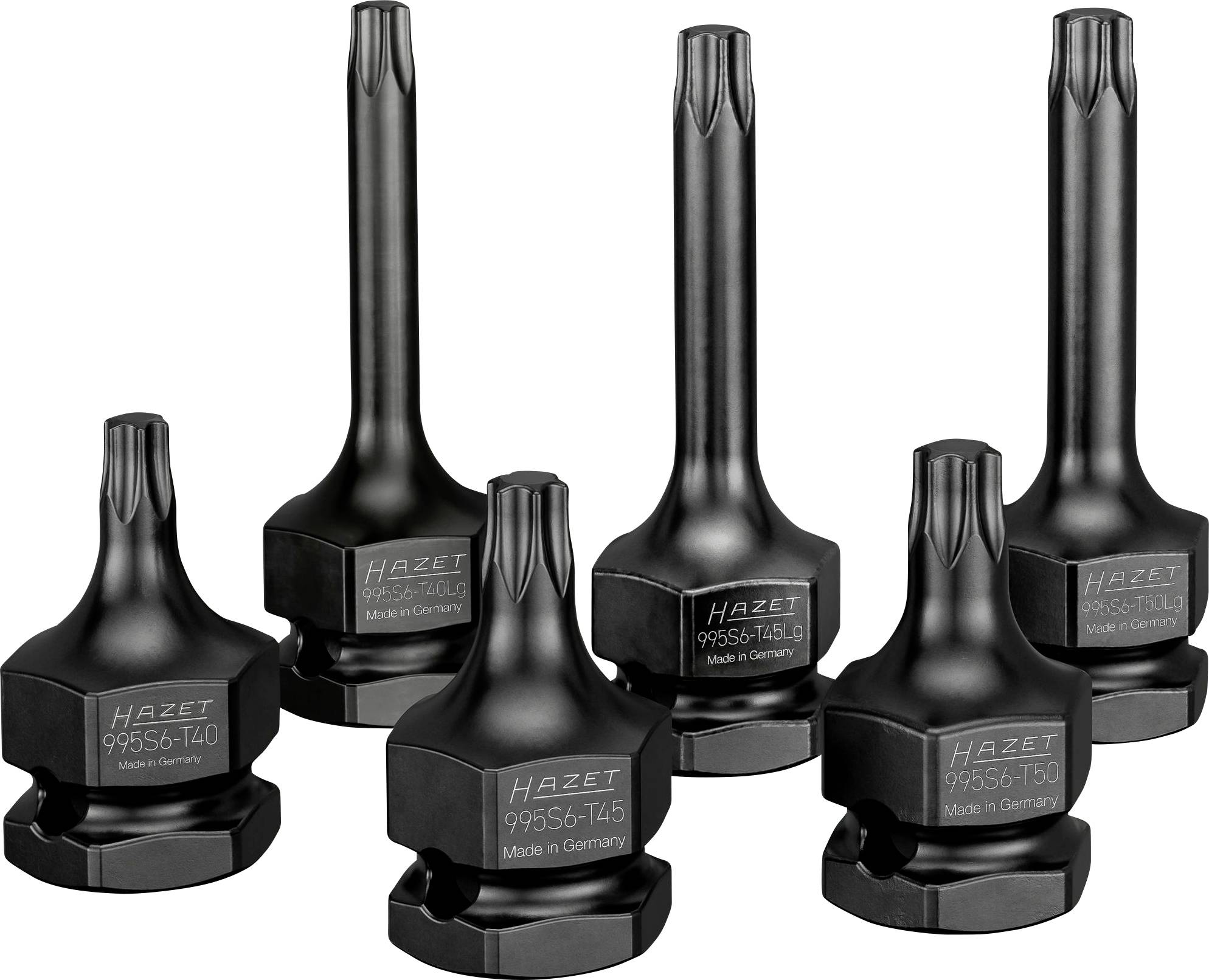 Schwarz lackierte Drehmomentschlüssel von Hazet in verschiedenen Größen, hergestellt in Deutschland. Sechs Stück in einem Set.
