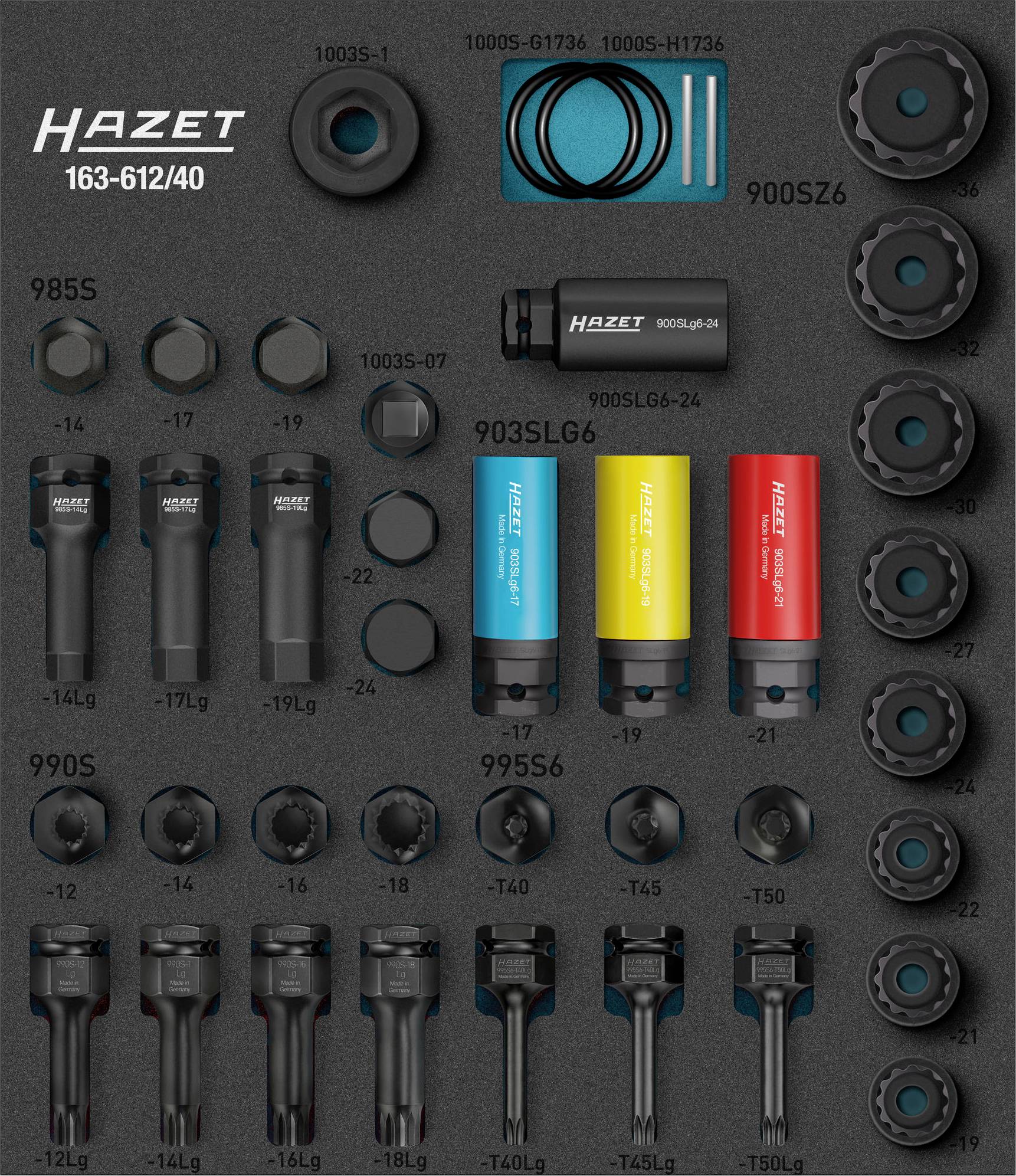 Werkzeugset im Koffer mit diversen Steckschlüssel, Ringen und Verlängerungen. Marke 'Hazet', Modellnummer '163-612/40'.