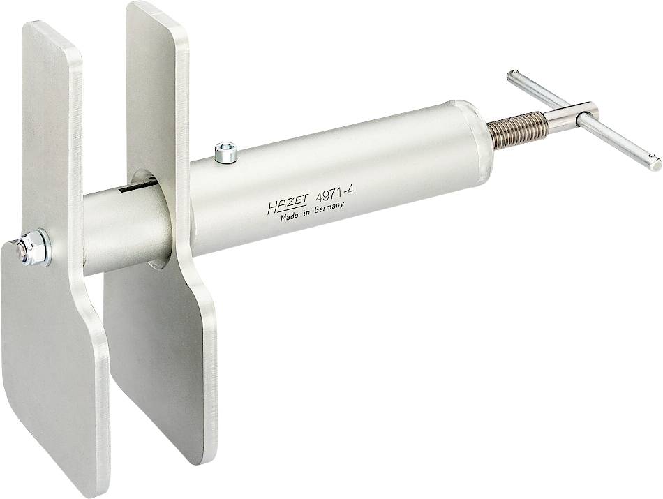 Ein Schraubenkompressor-Werkzeug aus Metall mit zwei großen, flachen Greifflächen und einer Schraubmechanik, hergestellt in Deutschland.