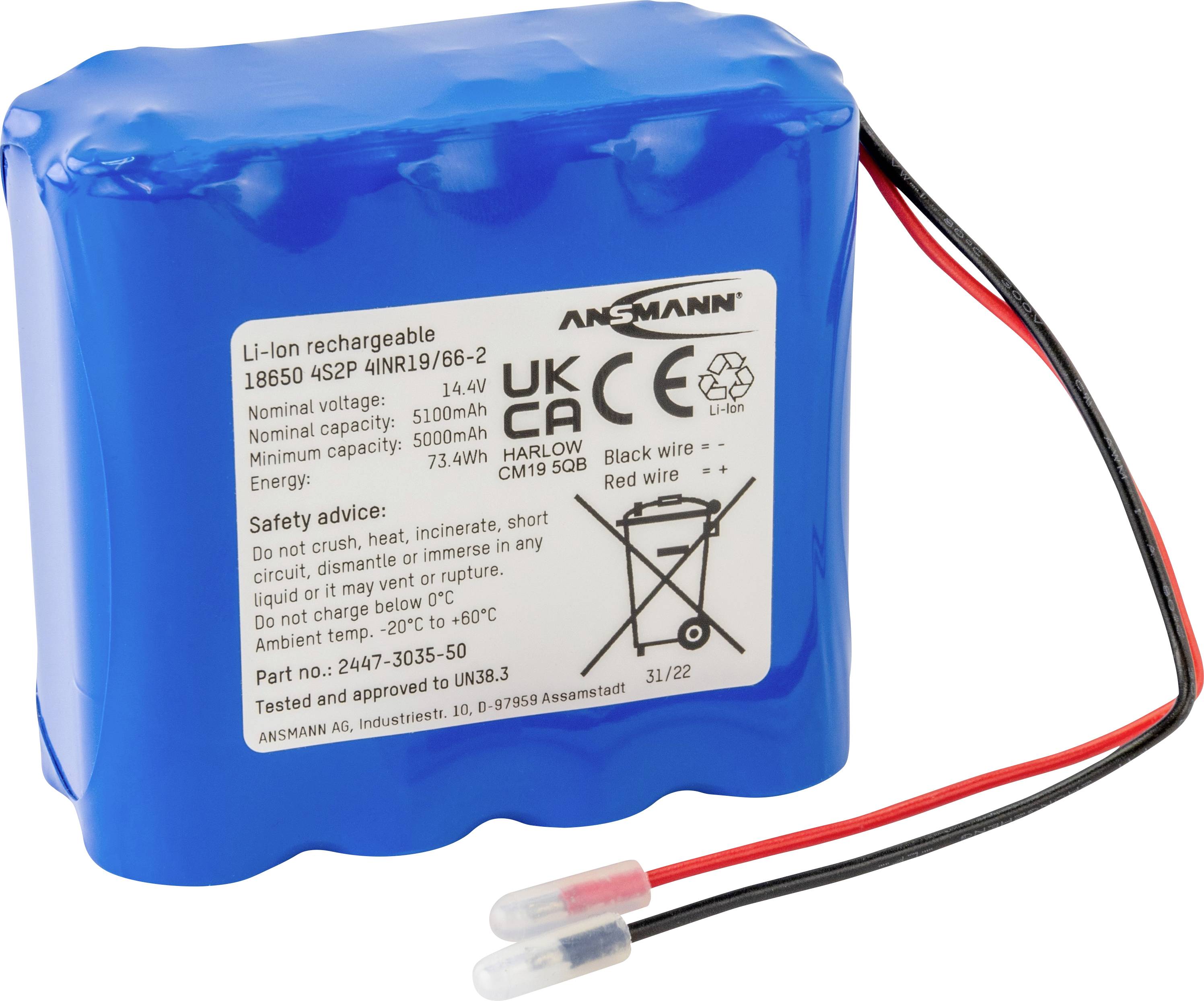 Ansmann 4S2P Akkupack 8x 18650 Kabel Li-Ion 14.4V 5100 mAh