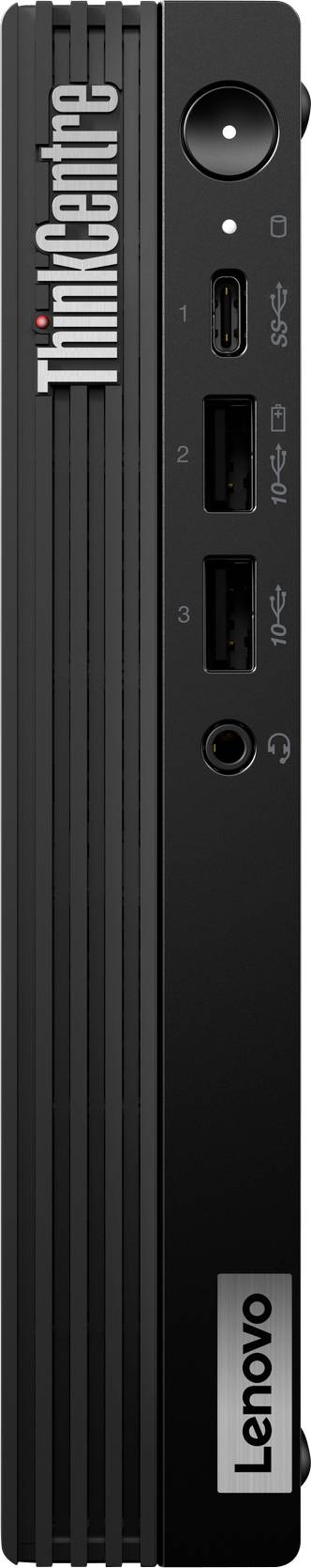 Ein schwarzer, schlanker Mini-PC mit mehreren USB-Anschlüssen und Markenlogos an der Vorderseite.