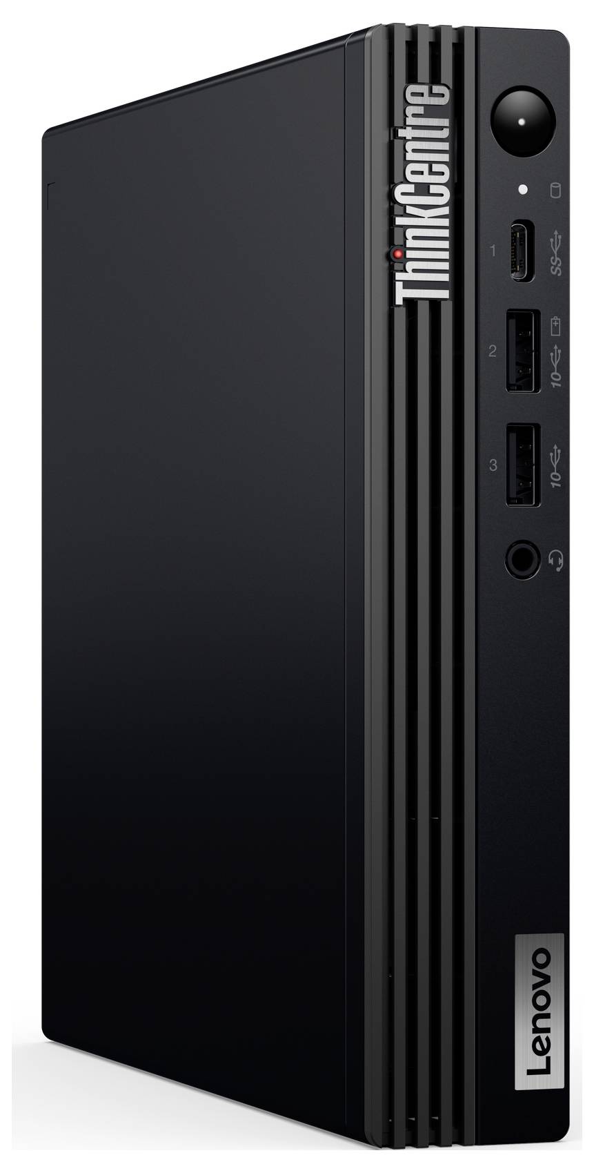 Schwarzer Lenovo ThinkCentre Mini-PC mit vertikalem Design, mehreren USB-Anschlüssen und einem runden Power-Knopf auf der Vorderseite.