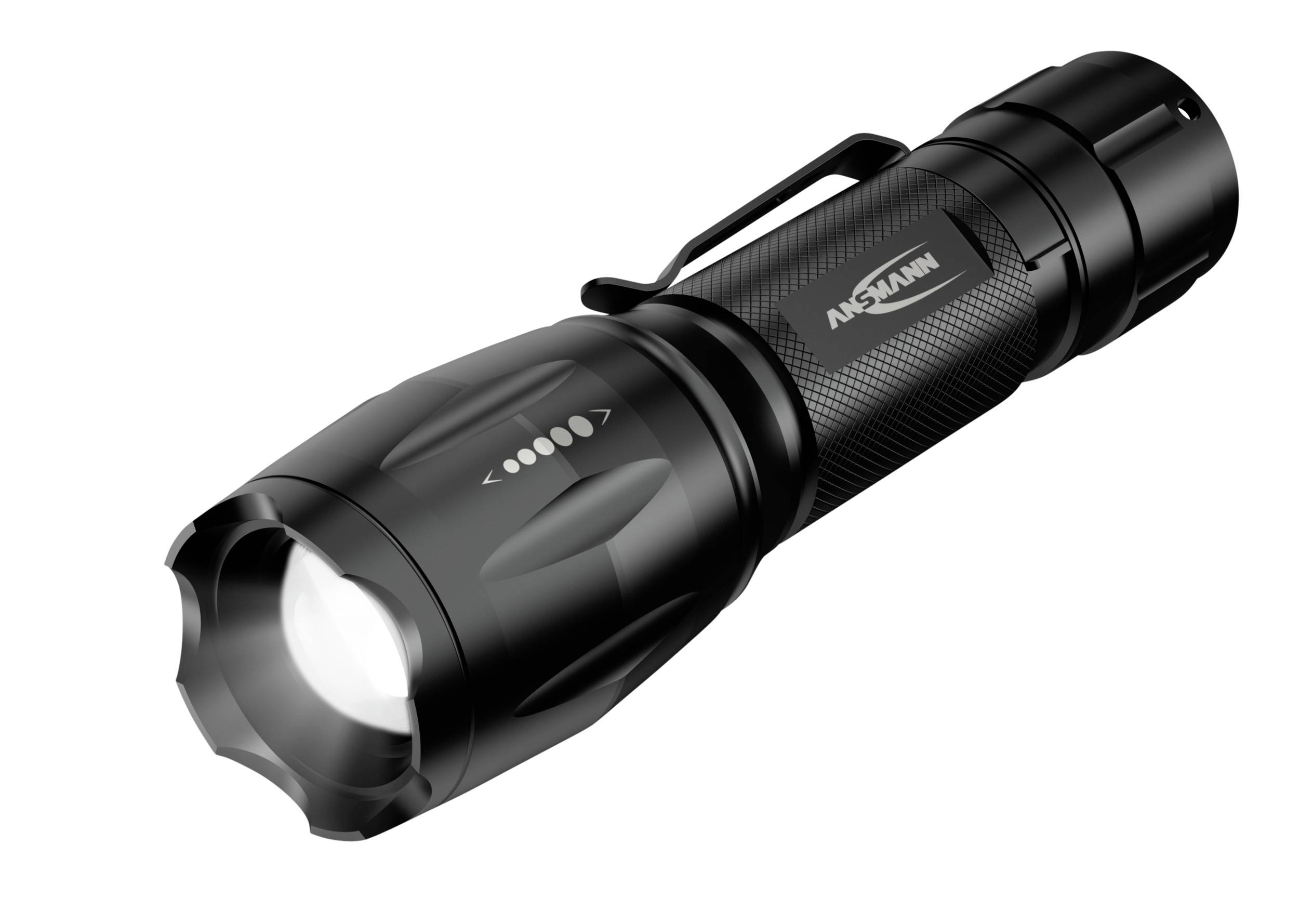 Schwarze Taschenlampe mit leuchtender LED und Griff mit Textur. Clip an der Seite zum Befestigen.