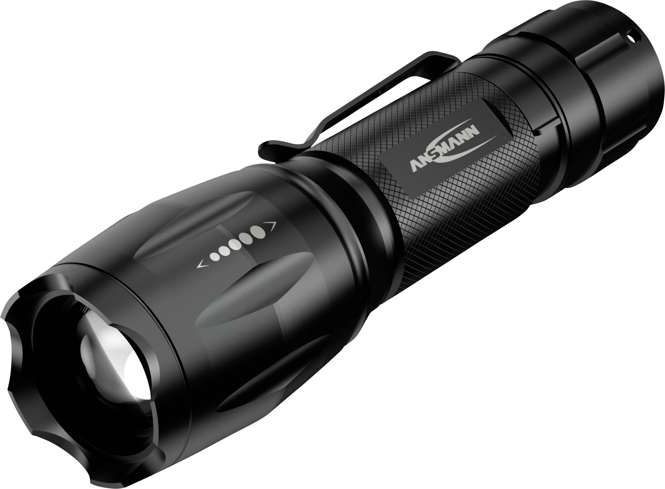 Schwarze Taschenlampe mit strukturiertem Griff und Clip. Sie hat ein fokussierbares Licht und ist kompakt gestaltet für den mobilen Einsatz.