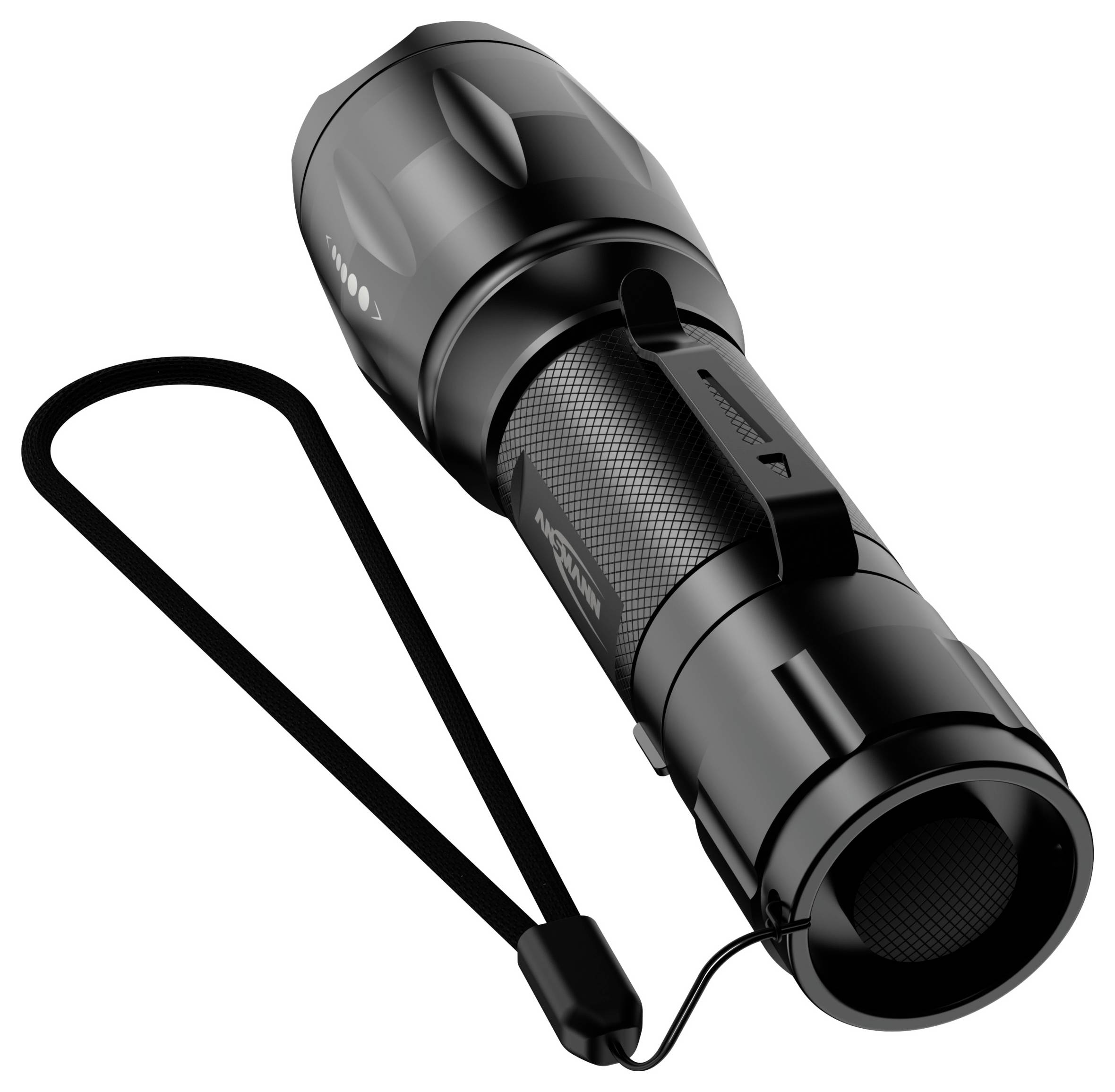 Schwarze Taschenlampe mit Texturgriff und verstellbarem Riemen, schräg liegend, mit robustem Design für Outdoor-Aktivitäten.