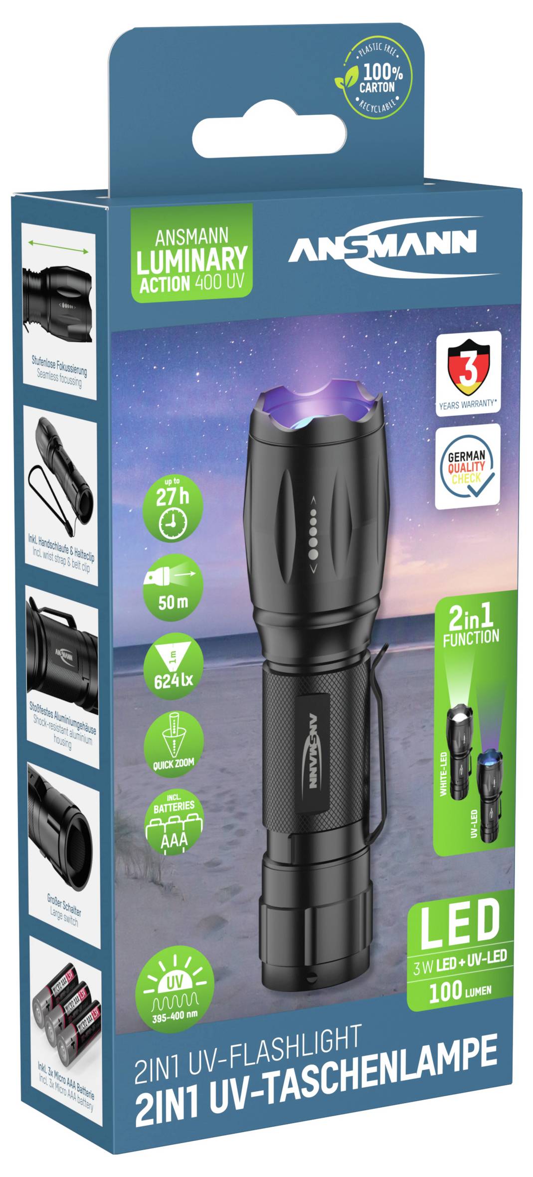 Verpackung einer 2-in-1 UV-LED-Taschenlampe von Ansmann, zeigt die Lampe mit Funktionen und Spezifikationen wie Lichtstärke und Laufzeit.
